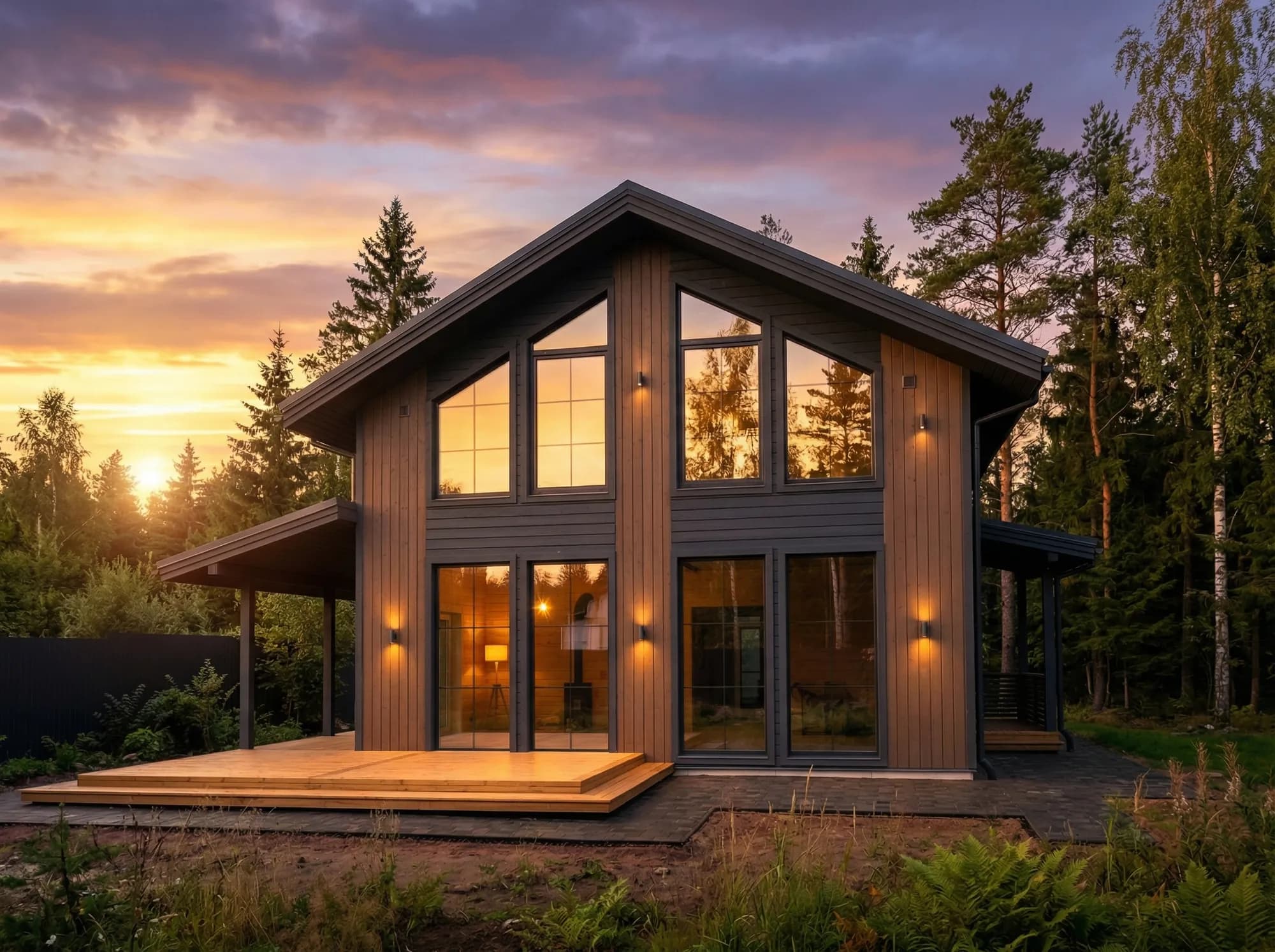 Двухэтажный дом с панорамным остеклением